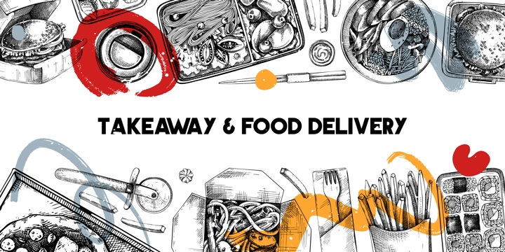 Takeaway and food delivery banner. Hand drawn vector illustration. Collage style background. Takeout food in paper box, fast food menu design. Pizza, burger, coffee, noodles, poke, sushi sketch